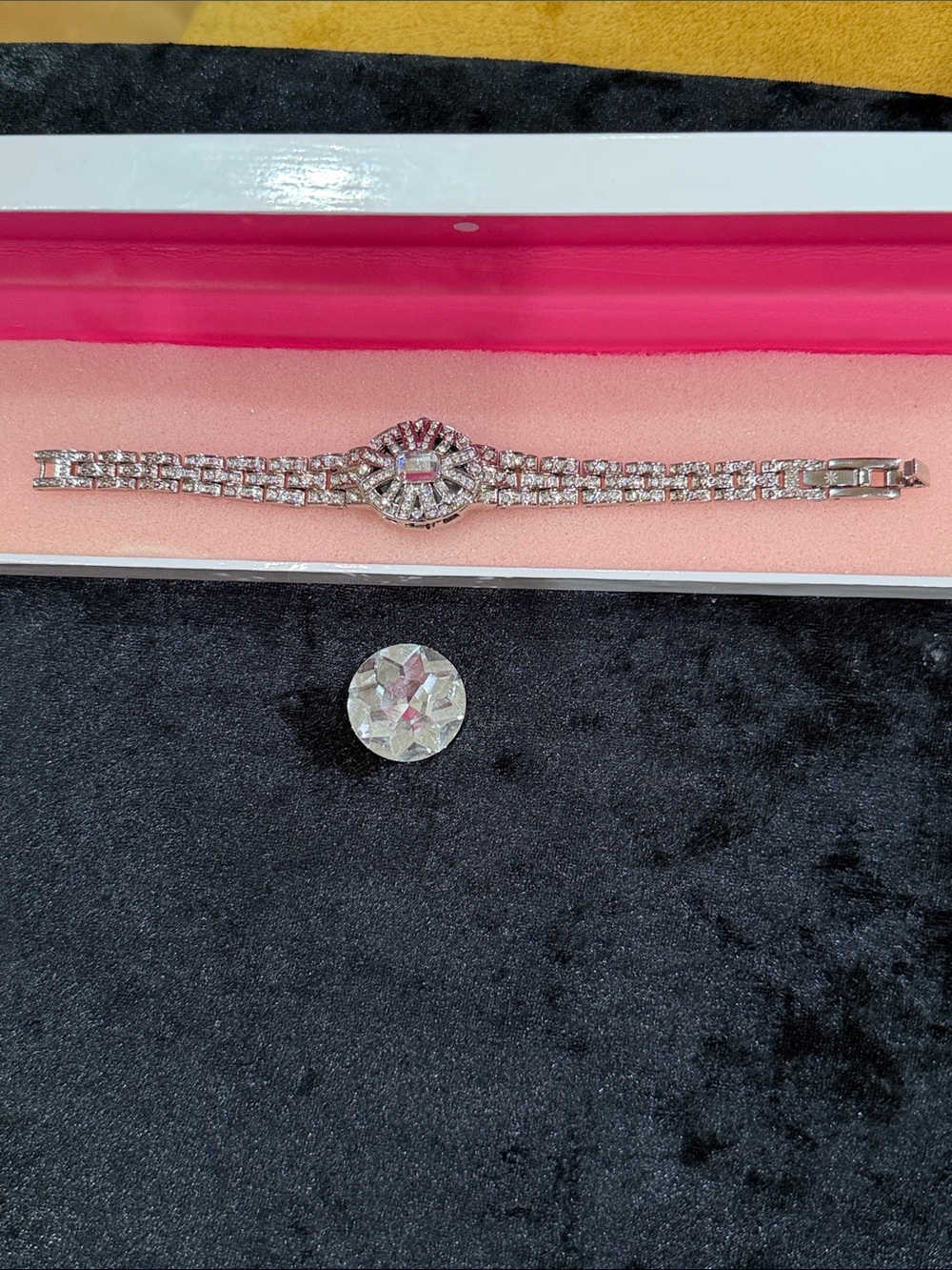Silver-Tone Crystal Women's Bracelet Watch with Pink Accent.  Super cute.
